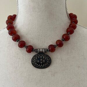 Sterling Silver Chunky Carnelian Bead Necklace Ornate Tribal Pendant Statement